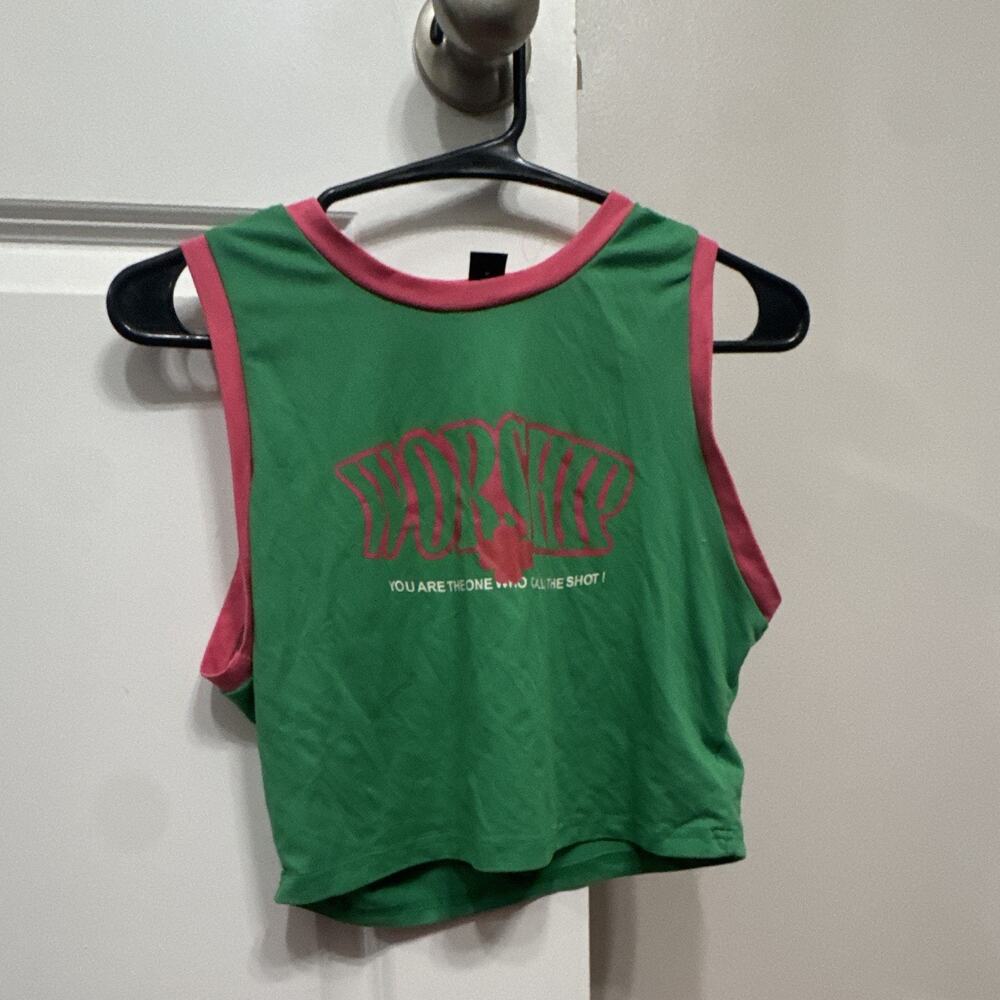 SHEIN Women's Cropped Graphic Print Tank Top Contrast Trim Green/Pink Size L